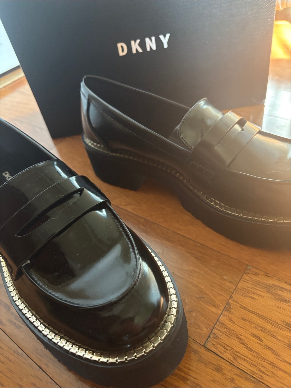 DKNY Black Patent Platform Loafers with Rhinestone Trim - Picture 3 of 4